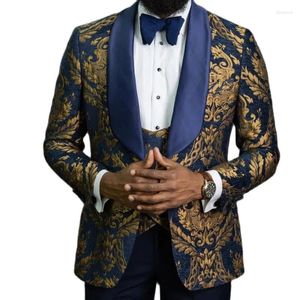 Costumes masculins bleu marine hommes floraux Jacquard Prom pour le mariage 3 pièces Slim Fit Groom Tuxedo Costume Homme Blazer Jacket Pantal