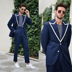 Herenpakken marineblauwe mannen formeel fit slank op maat gemaakt ensemble homme witte rapel 2 knoppen bruidegomsmannen prom feeststukken blazer sets