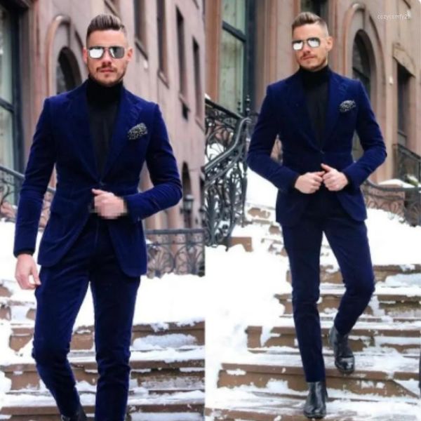 Costumes pour hommes bleu marine un bouton velours hommes costume de bal revers beau mariage smoking deux pièces manteau veste pantalon 2023