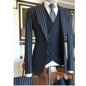 Trajes de hombre azul marino a rayas hombres 3 piezas de negocios hecho a medida novio esmoquin Slim Fit boda Prom Blazer trajes chaqueta pantalones chaleco