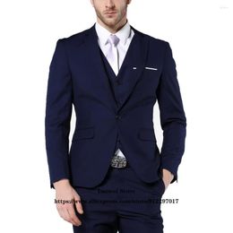 Trajes de hombre azul marino Slim Fit hombres de negocios 3 piezas chaqueta chaleco pantalones conjunto Formal ropa de oficina novio boda un botón esmoquin Masculino