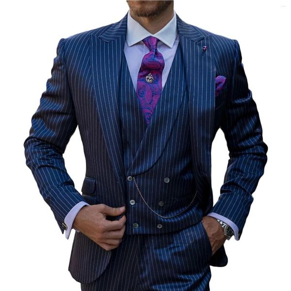 Trajes de hombre Azul marino a rayas para hombres Slim Fit 3 piezas Solapa en pico Boda Novio Esmoquin Negocios Formal Blazer Chaqueta Chaleco Pantalones