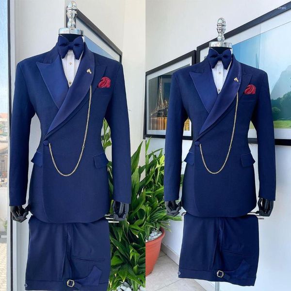 Costumes pour hommes bleu marine sur mesure 2 pièces Blazer pantalon un bouton pointe Satin revers formel marié coupe ajustée personnalisé grande taille