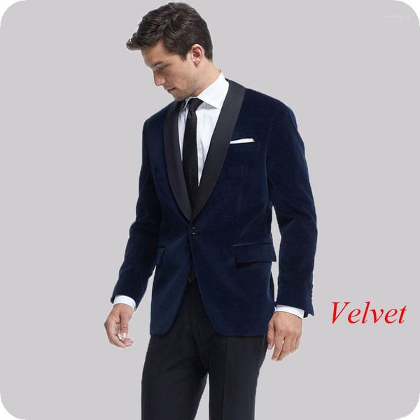 Costumes masculins bleu marine velours homme pantalon de costume noir châle de châle noire mince smooth smootmedos personnalisé homme blazer 2 pièces