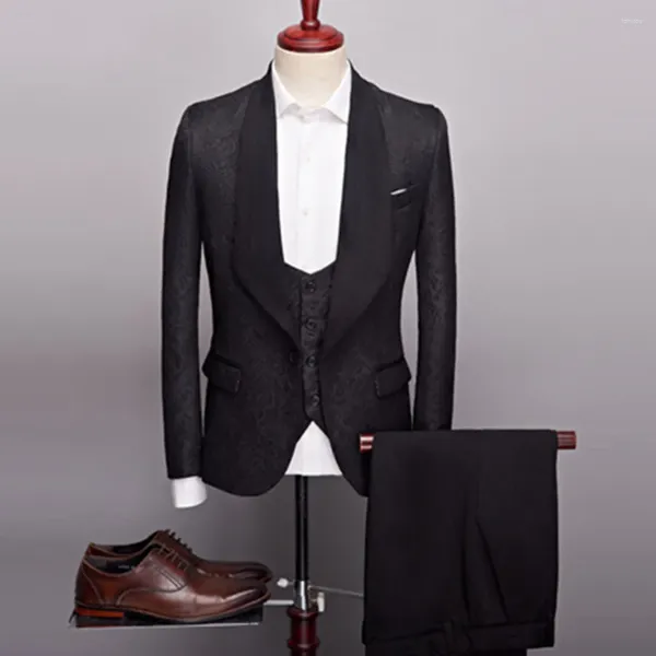 Trajes para hombre, bonito traje informal de Boutique de negocios con cuello negro grande, Blazers con patrón oscuro de Jacquard para hombre, chaqueta, pantalones, chaleco, conjunto de 3 uds.