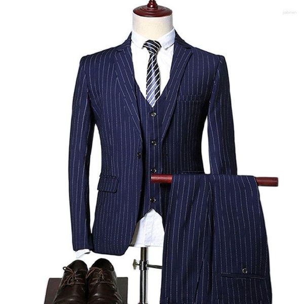 Trajes para hombres Bonitos Hombres de alta calidad Cena de negocios Blazers Abrigo Raya Slim Fit Boda Hombre Novio Esmoquin Traje Chaqueta Pantalones Chaleco 3 piezas Conjunto