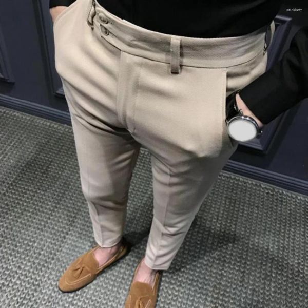 Trajes de hombre Noveno pantalones ajustados súper transpirables de cintura media para hombre pantalones de traje de Color sólido con cremallera ropa diaria