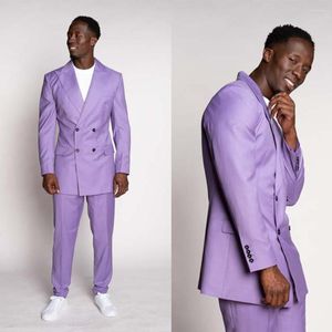 Herenpakken Noble Purple Men Wedding Tuxedos Peaked Rapel Double Breasted Custom Made Prom Party Cloths (jasbroek) Kostuum D'Homme