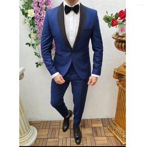 Costumes pour hommes un bouton bleu Blazer coupe ajustée noir châle revers formel 2 pièces veste pantalon Costume de soirée Homme élégant Terno