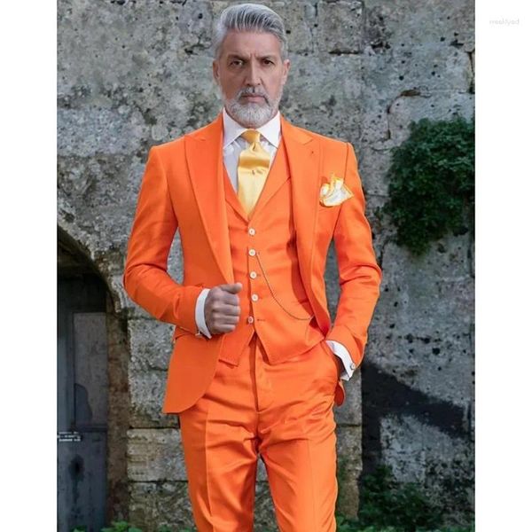Costumes pour hommes Orange Blazer Ensemble complet Vêtements pour hommes Peaked Revers Simple Boutonnage 3 pièces Veste Pantalon Gilet Slim Fit Occasion formelle 2023