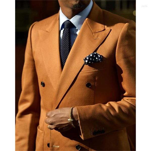 Trajes de hombre naranja de doble botonadura para hombre, ropa de fiesta de noche, dos piezas, ocasión Formal, solapa en pico, vestido de boda, traje, abrigo, pantalones