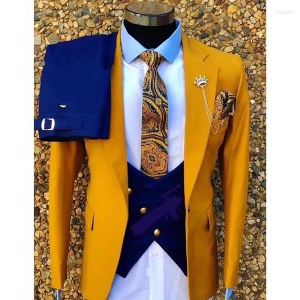 Trajes para hombres chaqueta naranja de color azul oscuro pantalón negocio elegante ajuste de ajuste delgado 3 piezas Blazer de boda blazer hechos diarios hechos diarios