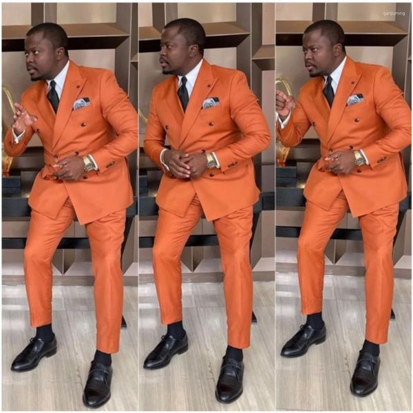 Trajes de hombre naranja para hombre doble botonadura 2 piezas boda novio esmoquin Terno Masculino Slim Fit Prom hombre Blazer conjuntos chaqueta pantalón