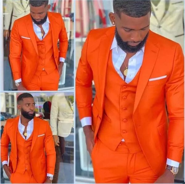 Costumes pour hommes costume de bal orange pour hommes veste de haute qualité veste décontractée 3 pièces fashion blazer un bouton slim fit lin tuxedos de mariage