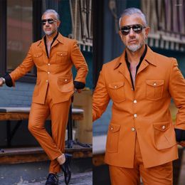 Trajes para hombre, chaqueta naranja a medida de 2 piezas, pantalones, botones, solapa en pico, esmoquin de talla grande con un solo pecho, hecho a medida