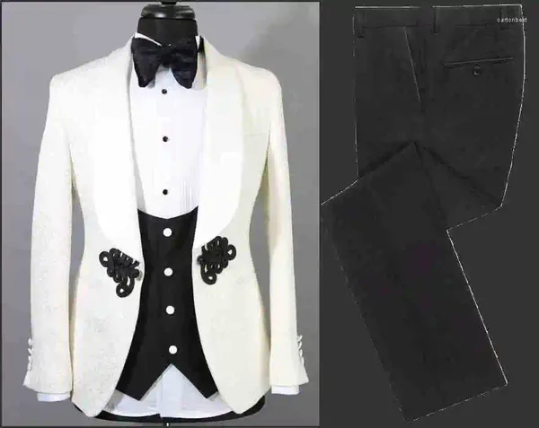 Costumes pour hommes, motif garçons d'honneur, Tuxedos de marié ivoire et noir, châle à revers, pour homme de mariage (veste, pantalon, gilet à nœud papillon) C658