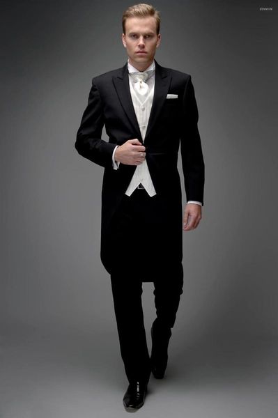 Trajes de hombre con solapa en pico negro abrigo de cola de golondrina chaleco blanco corbata 3 piezas (chaqueta pantalón corbata) moda Terno Masculino alta calidad Delgado