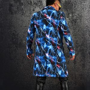 Costumes pour hommes personnalité Graffiti imprimé Long Blazer veste décontracté manteau Bar mâle chanteur Concert scène Performance discothèque Costume