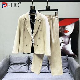 Costumes pour hommes PFHQ 2023 été mode pour couleur unie ample Double boutonnage à manches longues Blazer pantalon droit hommes marée 21F3414