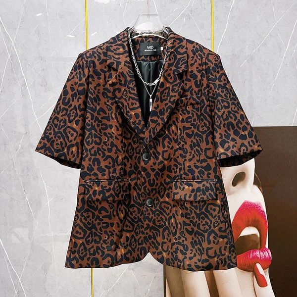 Trajes de hombre PFNW, moda coreana de verano, Blazers de manga corta con estampado de leopardo, traje de nicho holgado informal bonito con muescas para exteriores 28A3146