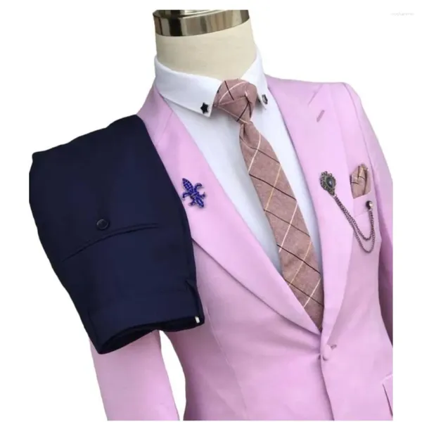 Trajes para hombre, Blazer rosa, pantalón azul marino, traje de boda para hombre, esmoquin para hombre, Terno Masculino ajustado, vestido hecho a medida de 2 piezas