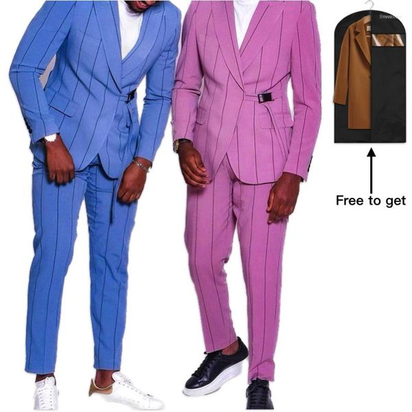 Costumes pour hommes Rose Bleu Large Bande verticale Hommes Costume Mariage Slim Fit Tuxedo Terno Masculino Bal Groom 2 Pièces Blazer Veste Pantalon