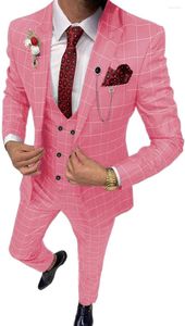 Costumes pour hommes rose décontracté costume pour hommes coupe ajustée Type 3 pièces Double boutonnage respirant TR Plaid mince robe de bal veste fête voyage