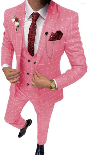 Trajes de hombre Rosa Casual Traje de hombre Slim Fit Tipo 3 piezas Doble botonadura Transpirable TR Plaid Thin Prom Dress Jacket Party Travel