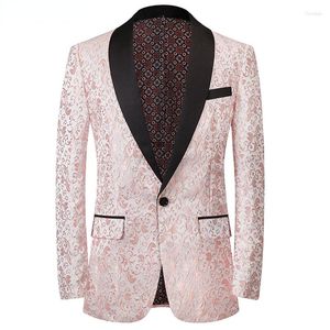 Trajes para hombres Pink Floral Jacquard Tuxedo Blazer Men Collar de chal UN Botón Traje Chaqueta Masculino Cena de boda Cena Homme