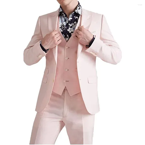 Trajes de hombre rosa para boda elegante Blazer de un solo pecho con solapa en pico Ropa Hombre 3 piezas chaqueta pantalones chaleco Slim Fit hecho a medida