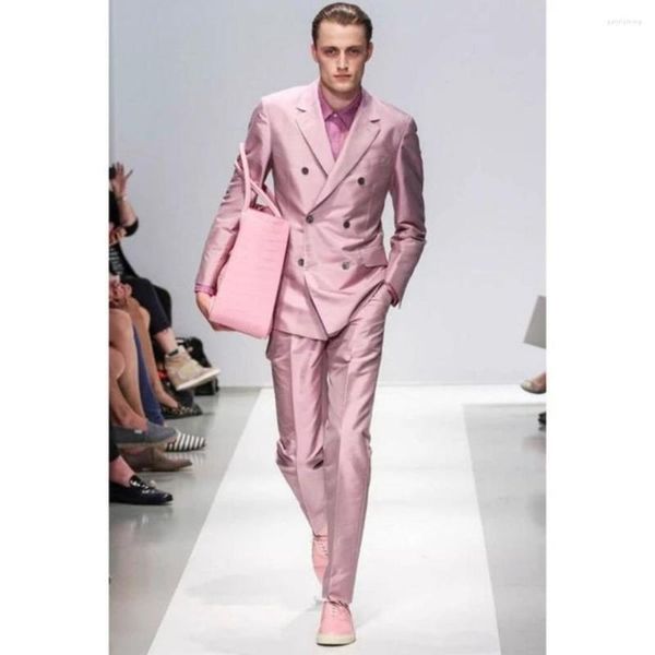 Trajes de hombre de satén rosa para hombre, traje de boda con doble botonadura, Terno Masculino, Blazers ajustados, esmoquin para novio, fiesta de graduación, 2 piezas