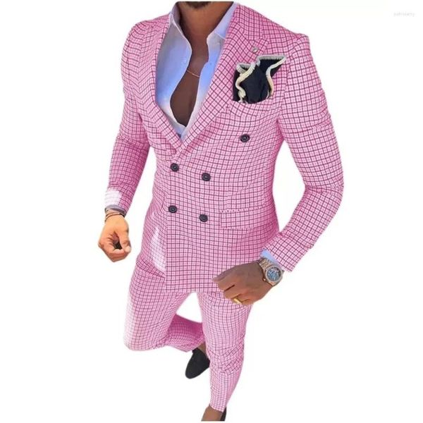 Trajes para hombre, color rosa, a cuadros pequeños, con doble botonadura, solapa de pico ancho, ropa de hombre, enrejado, boda, novio, Blazer, 2 uds., chaqueta a cuadros, pantalones