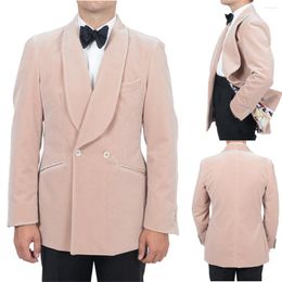 Herenpakken Pink Velvet Men's Pak 2 stuks Blazer Zwarte broek één knop Pure revers Slim Tuxedo Fashion Business Modern Wedding Bruidegom