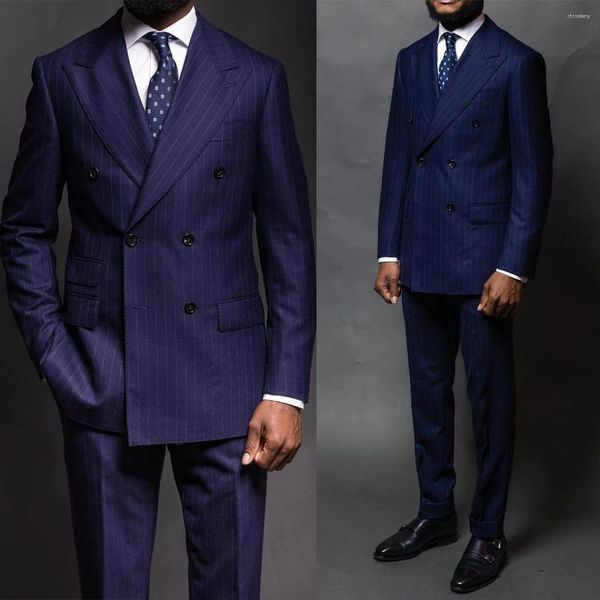 Trajes de hombre traje a rayas 2 piezas chaqueta y pantalones por encargo doble botonadura ropa de negocios traje de novio de boda Homme