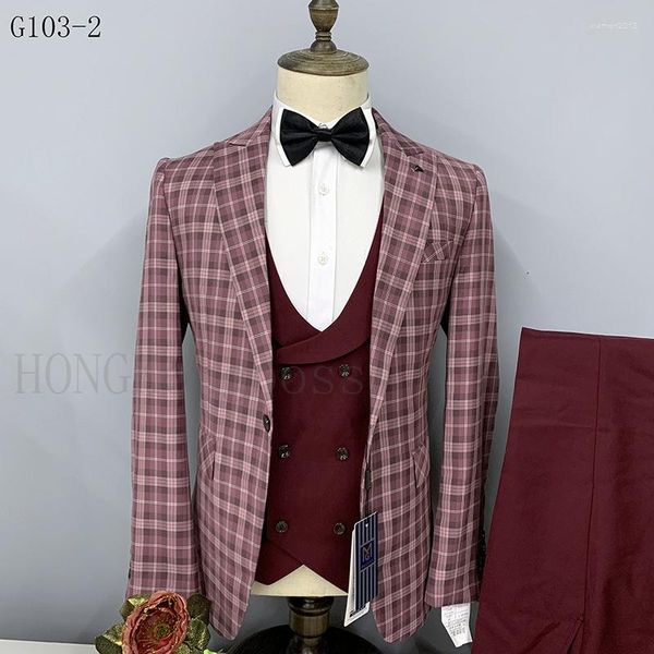 Trajes de hombre a cuadros Boutique moda para hombre traje de negocios de gama alta Social Formal 3 uds conjunto novio boda (chaqueta chaleco pantalones) hombres