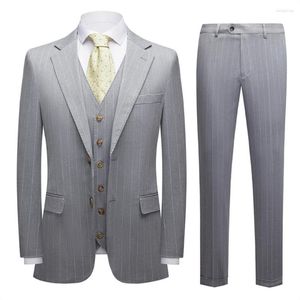 Plyesxale Lichtgrijs Heren Gestreept Driedelig Veste Homme Luxe Mariage Bruiloft Voor Mannen Formeel Pak Q1458