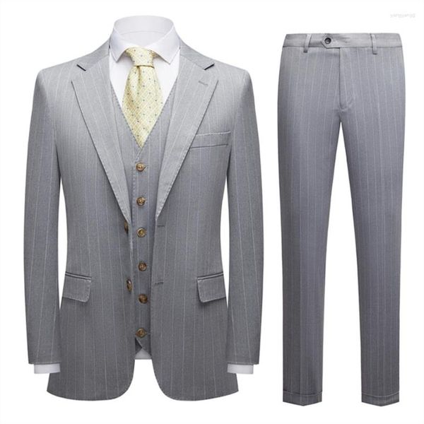 Trajes de hombre Plyesxale gris claro para hombre a rayas de tres piezas Veste Homme Luxe Mariage boda para hombres traje Formal de negocios Q1458
