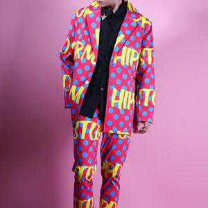 Costumes pour hommes Point Lettre Couleur Doodle Costume Studio Robe de nuit Casual Vintage Veste Mâle Mode High Street Hip Hop Blazer Manteau