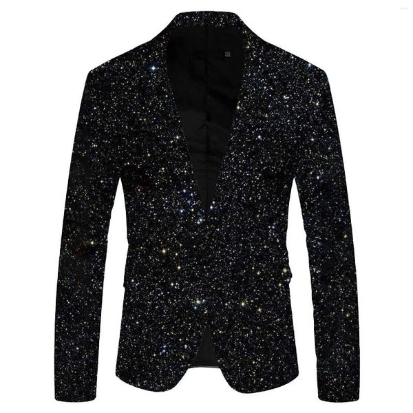 Trajes de hombre con estampado de lentejuelas, chaqueta con solapa, ropa para discoteca, Blazers con bolsillos para hombre, botonadura única, manga larga, Formal negro