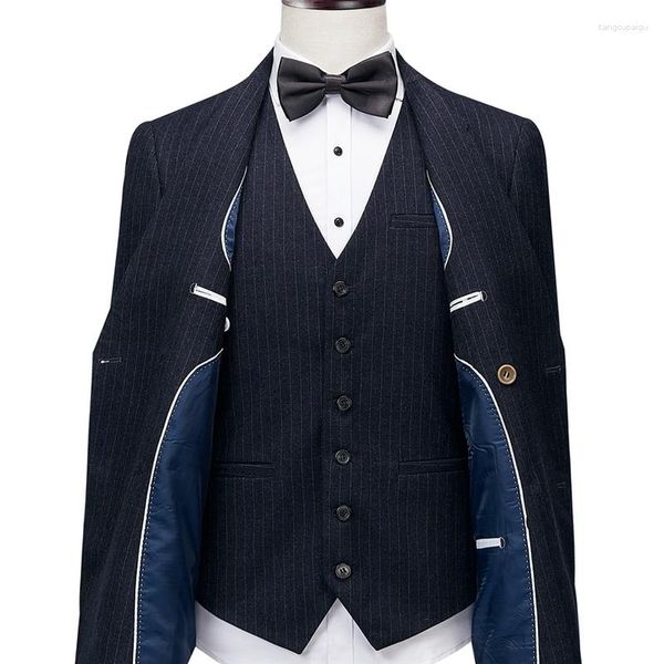 Trajes de hombre privados hechos a medida elegante azul marino para hombre traje de doble botonadura ajuste rayas verticales hombres Simple vestido de boda Blazer