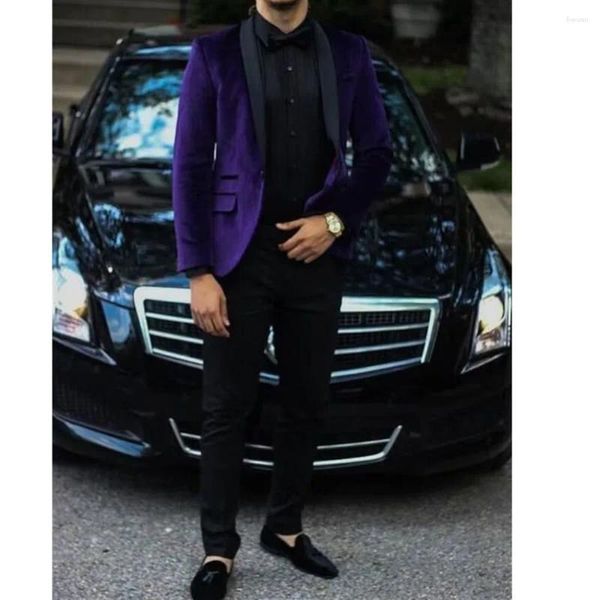 Costumes pour hommes violet 2 pièces veste pantalon noir châle revers simple boutonnage bal fête velours élégant Costume Hombre Slim Fit 2024