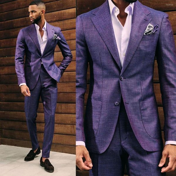 Costumes pour hommes Violet 2 pièces Blazer Pantalon Peaked Revers Simple Boutonnage Mode Slim Business Mariage Marié sur mesure Plus Taille