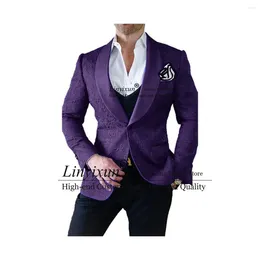 Herenpakken Paars Jacquard Mannen Sjaal Revers Bruidegom Bruiloft Smoking 3 Stuks Sets Mannelijke Prom Blazers Broek Outfit Terno masculino