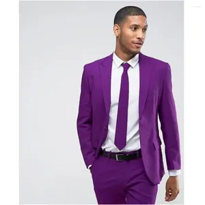 Herenpakken Purple Men Pak 2 -delige sets Solid Breasted vaste kleur Slim passende mannelijke Tuxedo Dress Wedding Bruidegom Tailor Kostuum Homme