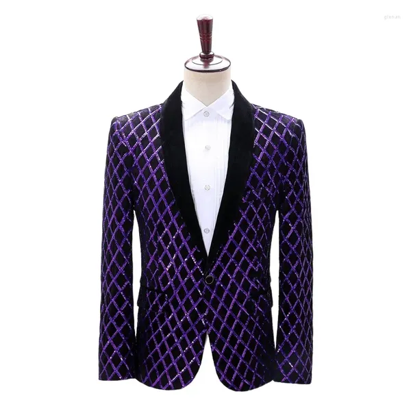 Costumes pour hommes Blazer en velours violet pour hommes avec paillettes graphiques géométriques veste de luxe pour événement bal Banquet robe tenues de scène