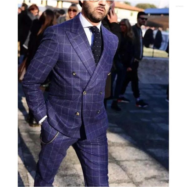 Costumes pour hommes Purple Plaid Hommes Peaked Revers Mariage Tuxedo Groom Wear Costume Homme 2pcs Slim Fit Terno Masculino Blazer Veste Pantalon