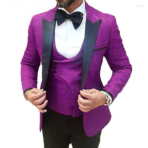 Costumes pour hommes violet bal hommes pour mariage garçons d'honneur smokings 3 pièces motif Floral homme costume ensemble Blazer gilet avec pantalon noir mode