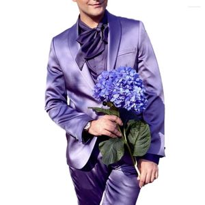 Herenpakken Purple Satin Men Jacket Slim Fit 2-delige/Fashion Blazer voor bruiloft bruidegom set/kostuum Homme op maat gemaakte jasbroek outfit