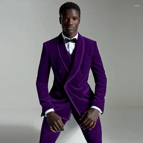 Costumes pour hommes violet châle revers marié Tuxedos velours hommes Double boutonnage mariage homme Blazer 3 pièces (veste pantalon gilet cravate) Z138