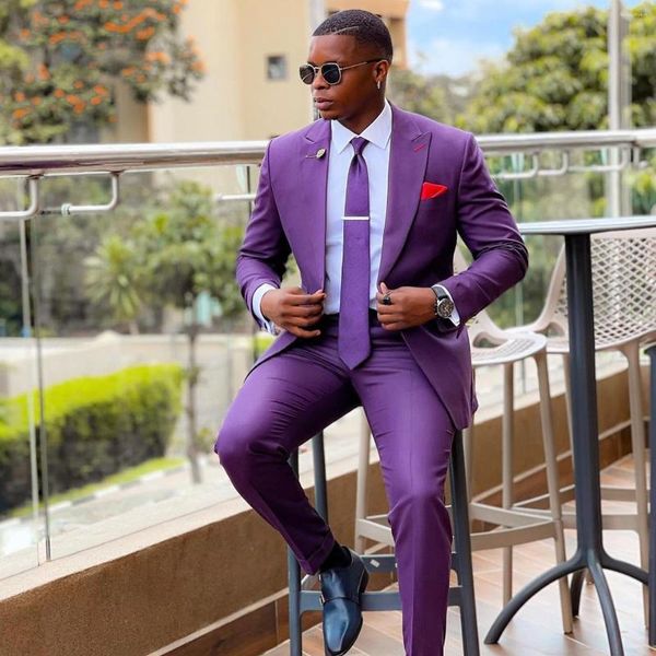 Trajes de hombre, traje morado, conjunto de Blazers con un botón para boda, esmoquin ajustado para hombre, chaqueta y pantalones de 2 piezas, ropa de novio con solapa en pico